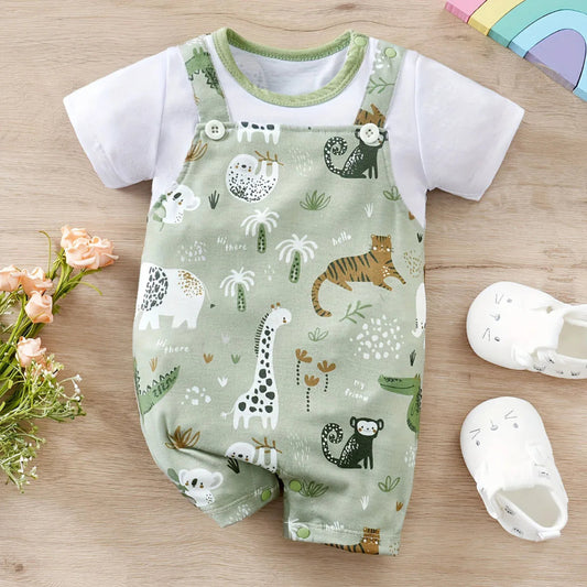 Toosly macacão infantil de estampa animal zoológico para bebê recém-nascido, bodysuit falso de duas peças com mangas curtas, casual, adorável