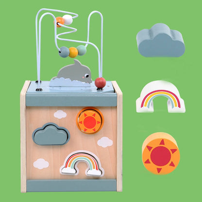 Toosly cubo de atividade de madeira para crianças 5 em 1, formato de animal, classificador de contas, labirinto montessori, brinquedos educativos para bebês de 6 a 12 meses, brinquedos de aprendizagem