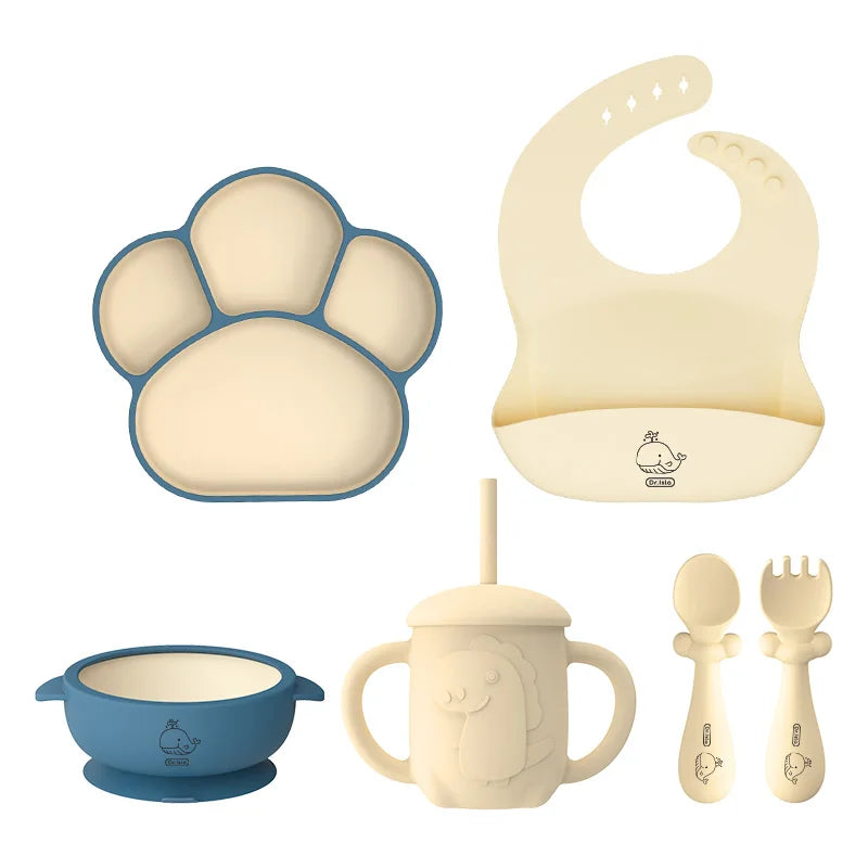 Toosly conjunto 6 pçs conjunto de pratos das crianças conjunto bebê silicone utensílios de mesa otário tigela babador copo garfo colher conjunto infantil suprimentos bpa livre