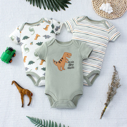 Toosly body de bebê de verão, 3 peças, conjunto de três peças com padrão de dinossauro de desenho animado e padrão de listra, design de botão para meninos de 0 a 9 meses