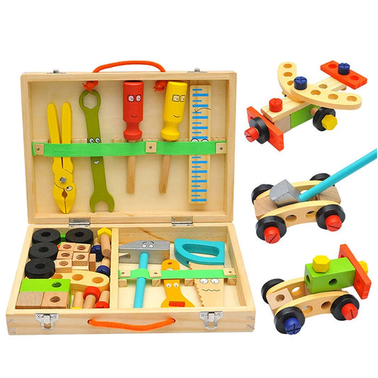 Toosly educacional montessori crianças brinquedos de plástico caixa de ferramentas de madeira fingir jogar conjunto crianças porca parafuso montagem simulação ferramenta carpinteiro