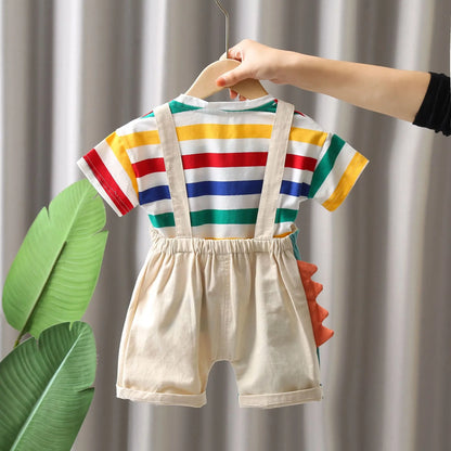Toosly moda infantil meninos colorido listrado algodão manga curta/dinossauro dos desenhos animados verão 2025 macacão conjunto de duas peças 1