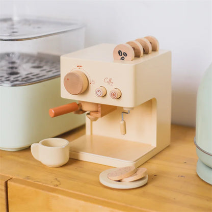 Toosly conjunto de brinquedos para máquina de café de bebê, suprimentos de cozinha de madeira, modelo de máquina de café para crianças, simulação de bolo de café, brinquedos de simulação com 10 peças