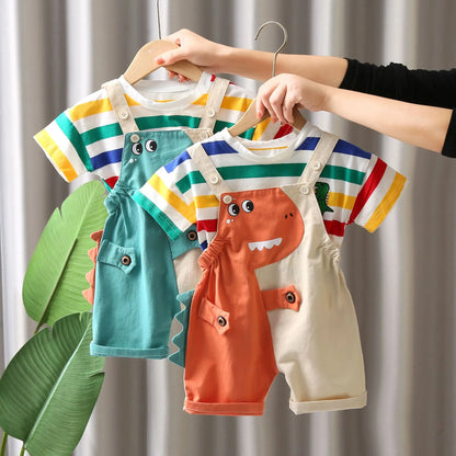 Toosly moda infantil meninos colorido listrado algodão manga curta/dinossauro dos desenhos animados verão 2025 macacão conjunto de duas peças 1