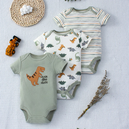Toosly body de bebê de verão, 3 peças, conjunto de três peças com padrão de dinossauro de desenho animado e padrão de listra, design de botão para meninos de 0 a 9 meses
