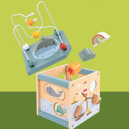 Toosly cubo de atividade de madeira para crianças 5 em 1, formato de animal, classificador de contas, labirinto montessori, brinquedos educativos para bebês de 6 a 12 meses, brinquedos de aprendizagem