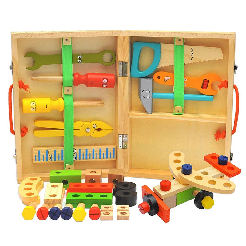 Toosly educacional montessori crianças brinquedos de plástico caixa de ferramentas de madeira fingir jogar conjunto crianças porca parafuso montagem simulação ferramenta carpinteiro