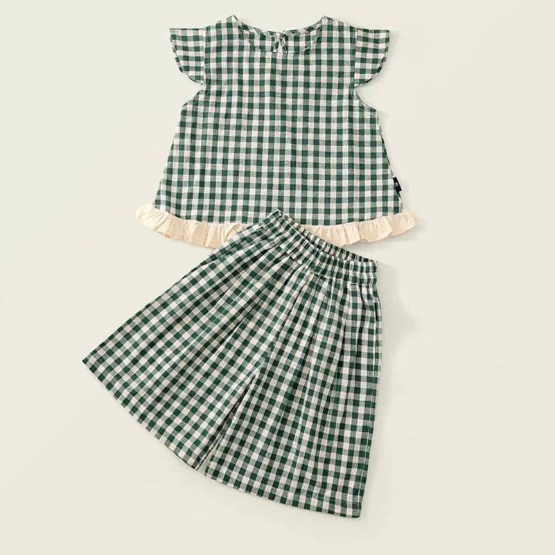 Toosly conjunto vestido menina pequena manga voadora vermelho xadrez conjunto 2025 verão novo estilo coreano calças de perna larga duas peças conjunto substituição cabelo