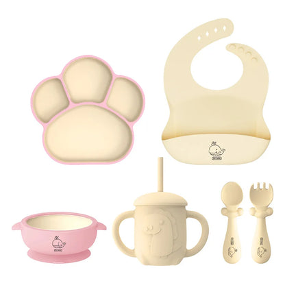 Toosly conjunto 6 pçs conjunto de pratos das crianças conjunto bebê silicone utensílios de mesa otário tigela babador copo garfo colher conjunto infantil suprimentos bpa livre