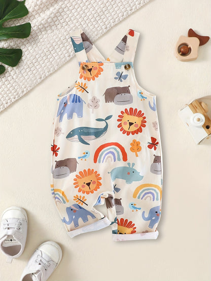 Macacão de Verão Casual para Meninos com Estampado Floral e Detalhes de Botões - Tecido Leve e Respirável, Manga Curta, Corte Normal, Design Divertido de Animais e Arco-Íris, para Exterior, Perfeito para Atividades ao Ar Livre, Roupa de Menino