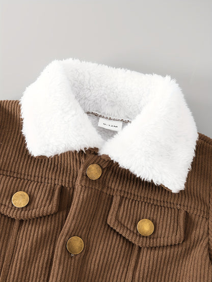 Casaco de cordeiro para rapazes com forro de lã e gola de pelúcia castanha, feito em tecido de cordeiro e forrado por dentro, quente e elegante para usar diariamente no outono/inverno, criando um look casual retro e suave, amigável com a cor bege e essencial para a moda, fácil de usar e quente, com um estilo pequeno e trendy, iluminando a diversão no inverno, casaco de criança para o inverno.