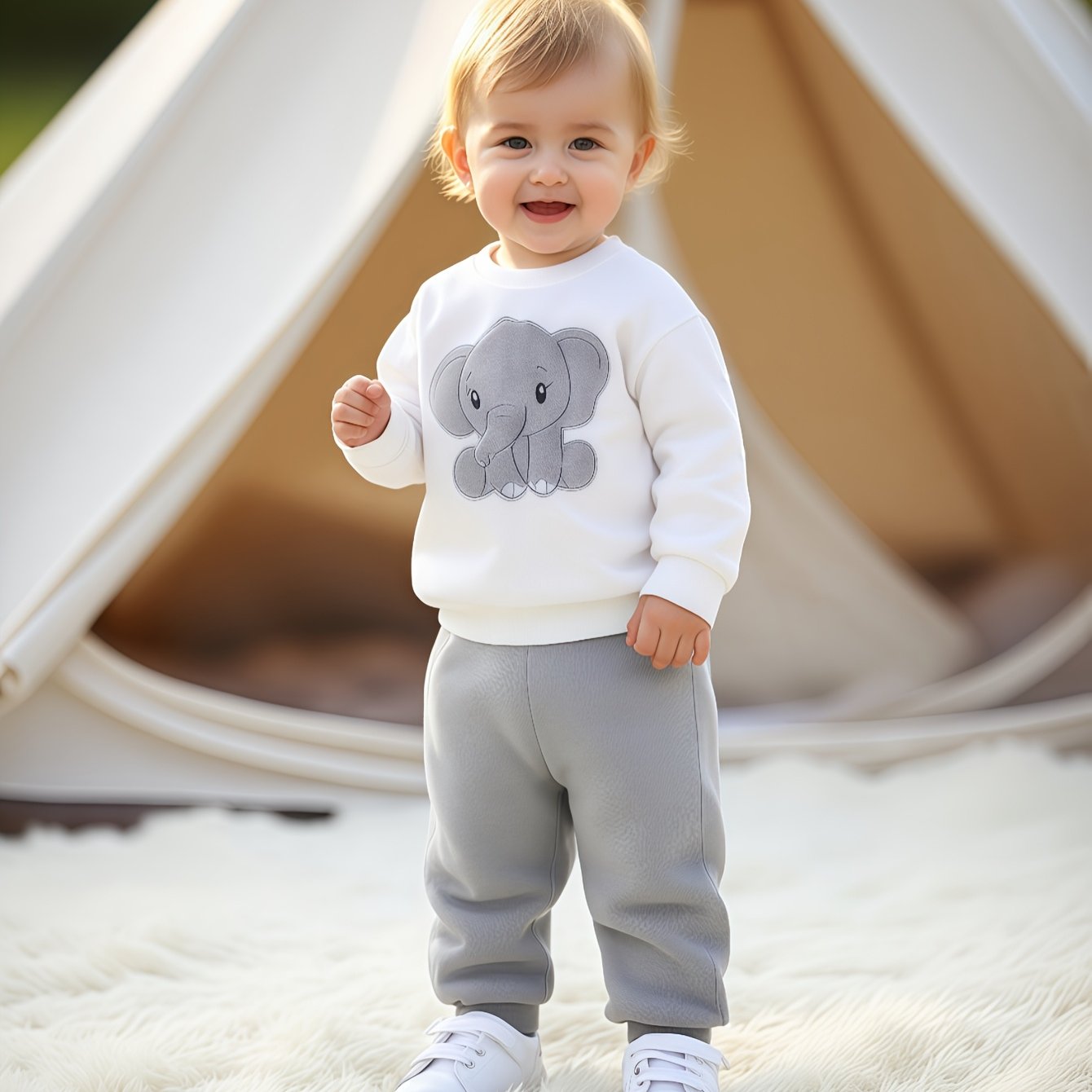 Conjunto de Moletom Bordado de Elefante: Casaco e Calça
