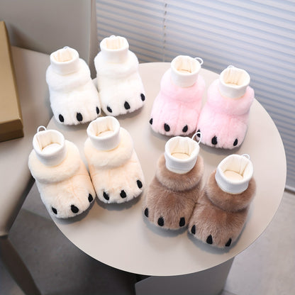 Sapatos de Primeiros Passos para Meninas - Botas de Inverno de Pelúcia Macia com Cara e Patas de Urso de Desenho Animado Fofas, Fecho Slip-On, Palmilha Acolchoada - Botas de Inverno Aconchegantes para Interior/Exterior, Calçado Confortável, Design Divertido, Auxílio para Caminhar para Crianças Pequenas, Roupa Casual para Meninas (Easy-Cl