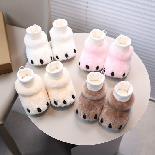 Sapatos de Primeiros Passos para Meninas - Botas de Inverno de Pelúcia Macia com Cara e Patas de Urso de Desenho Animado Fofas, Fecho Slip-On, Palmilha Acolchoada - Botas de Inverno Aconchegantes para Interior/Exterior, Calçado Confortável, Design Divertido, Auxílio para Caminhar para Crianças Pequenas, Roupa Casual para Meninas (Easy-Cl