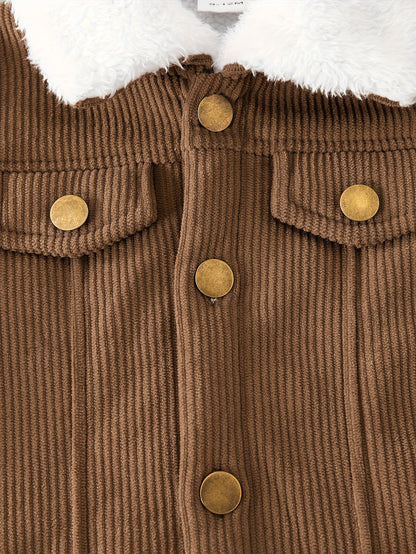 Casaco de cordeiro para rapazes com forro de lã e gola de pelúcia castanha, feito em tecido de cordeiro e forrado por dentro, quente e elegante para usar diariamente no outono/inverno, criando um look casual retro e suave, amigável com a cor bege e essencial para a moda, fácil de usar e quente, com um estilo pequeno e trendy, iluminando a diversão no inverno, casaco de criança para o inverno.