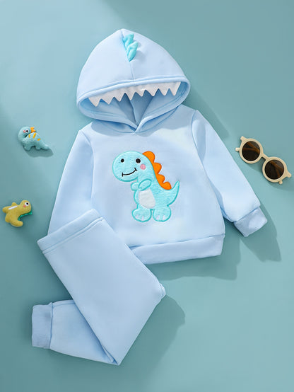 Conjunto de moletom com capuz e calça para bebê menino, tema dinossauro outono/inverno - detalhes em dentes e chifres. Ideal para uso ao ar livre nesta estação, Vestuário de Inverno para Exterior,Conjunto para Clima Frio,Conjunto de Moletom Dinossauro,Estampa de Animais Fofos,Detalhes dos Dentes de Dinossauro,Jovens Fãs de Dinossauros