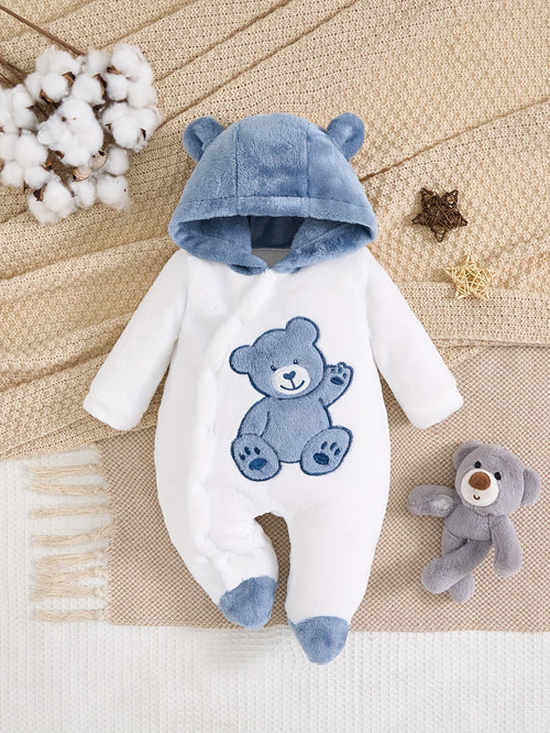 Macacão de Inverno Quente com Capuz para Meninos com Bordado de Urso de Desenho Animado - Macacão de Manga Comprida Espesso, Frente com Botões, Tecido de Pelúcia Macio, Perfeito para Brincadeiras ao Ar Livre de Outono/Inverno, Roupa de Bebé Menino, Roupa de Bebé Aconchegante, Roupa de Bebé Divertida, Botões de Pressão Duráveis