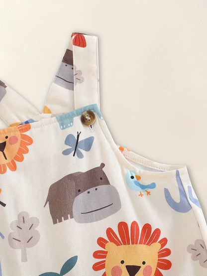 Macacão de Verão Casual para Meninos com Estampado Floral e Detalhes de Botões - Tecido Leve e Respirável, Manga Curta, Corte Normal, Design Divertido de Animais e Arco-Íris, para Exterior, Perfeito para Atividades ao Ar Livre, Roupa de Menino