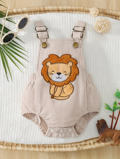Macacão de bebé com bordado de leão fofo - Alça ajustável, decote quadrado, tecido de corduroy macio, design de leão de desenho animado, perfeito para o verão, roupa de bebé | Estilo casual | Material de corduroy, para exterior