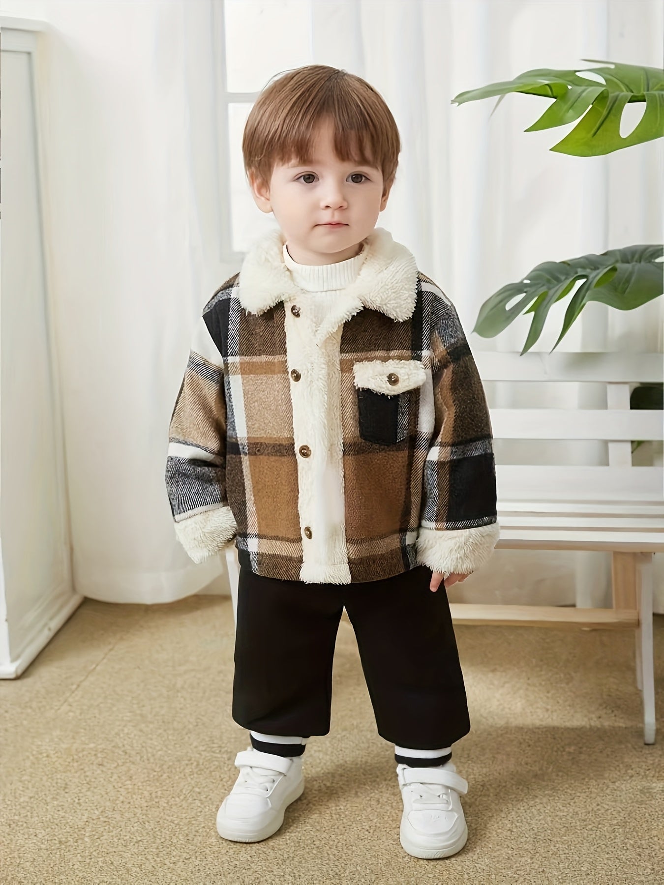 Casaco de Lã Xadrez para Meninos - Casaco de Inverno Macio e Quente com Padrão Xadrez, Casaco Casual de Manga Comprida para Exterior para Outono e Inverno, Fácil de Cuidar, Lavável na Máquina, Malha