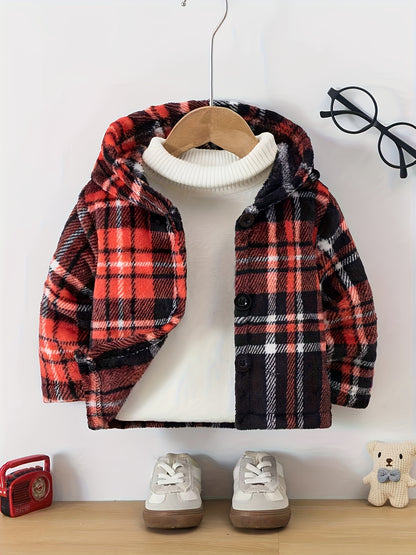 Novo Casaco de Inverno de Pelúcia com Capuz e Fechamento de Botões - Casaco Listrado e Aconchegante para Festas de Natal e Clima Frio (Corte Regular)