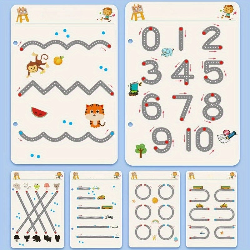 Conjunto de registro prático reutilizável para crianças com caneta apagável e borracha, exercícios de escrita de números e letras, treinamento de controle da caneta e aprendizado de habilidades de escritura em caderno educacional