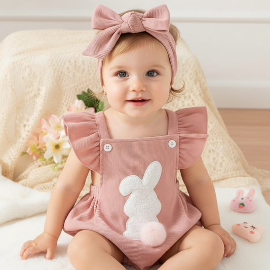 Macacão infantil de coelhinho para bebês até 18 meses da Toosly. Confortável, delicado e macio, ideal para a pele sensível e momentos especiais.
